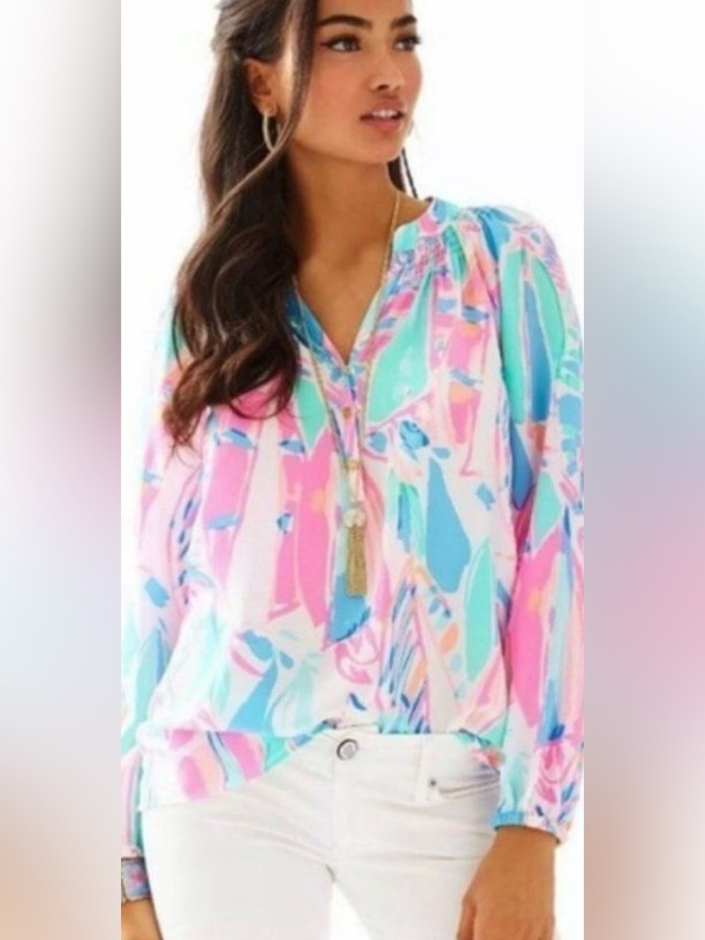 Lilly Pulitzer 100% Silk Elsa Out to Sea Abstract Print Blouse Medium